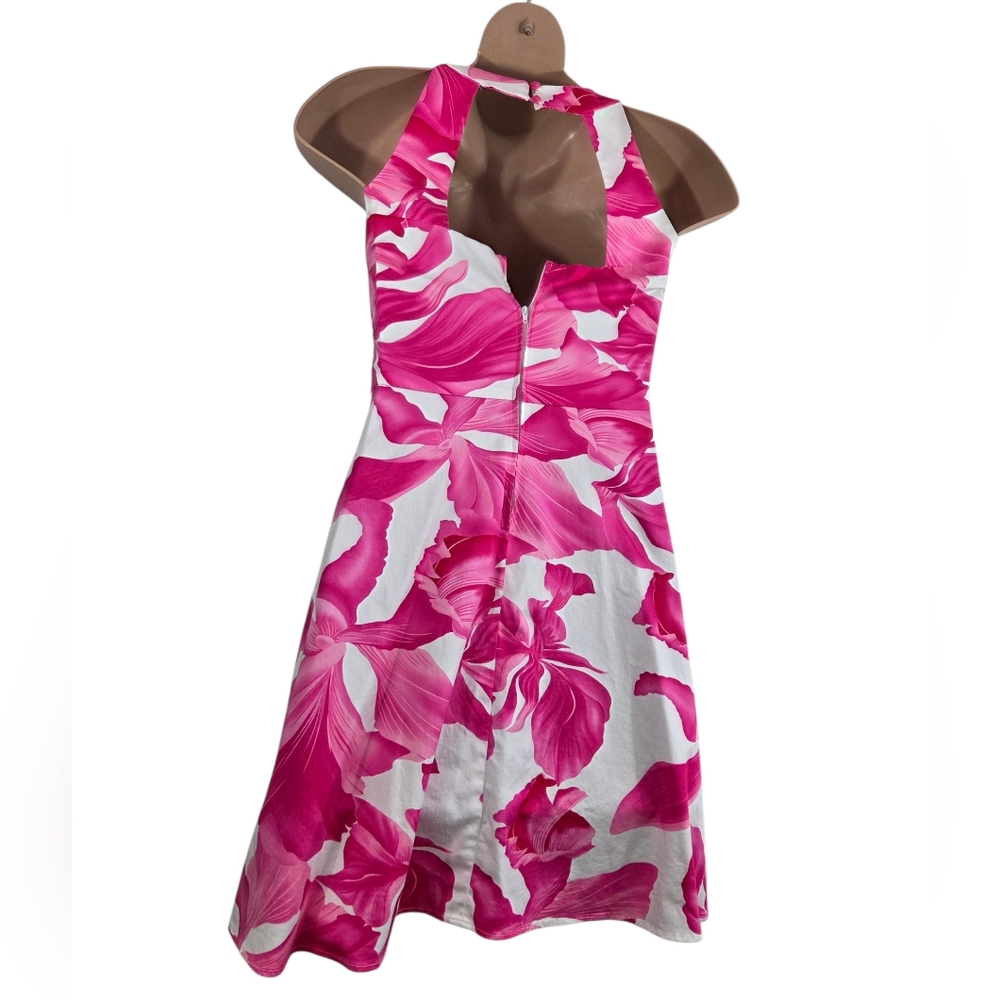 Sheri Martin Pink White Floral Keyhole Fit And Flare Petite Midi Dress Pre-Owned - Picture 5 of 9